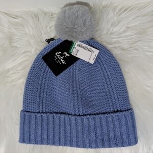 Echo Blue Cable Knit Hat with Gray Pom-Pom New With Tags One Size